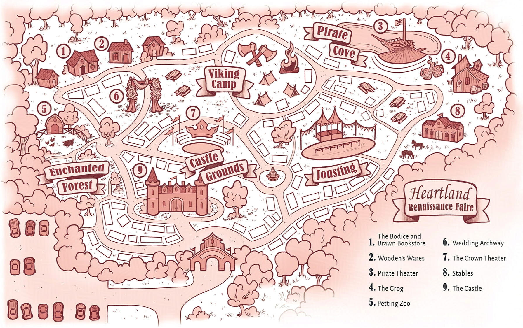 Pink map of a renaissance faire for the book called Faire Match