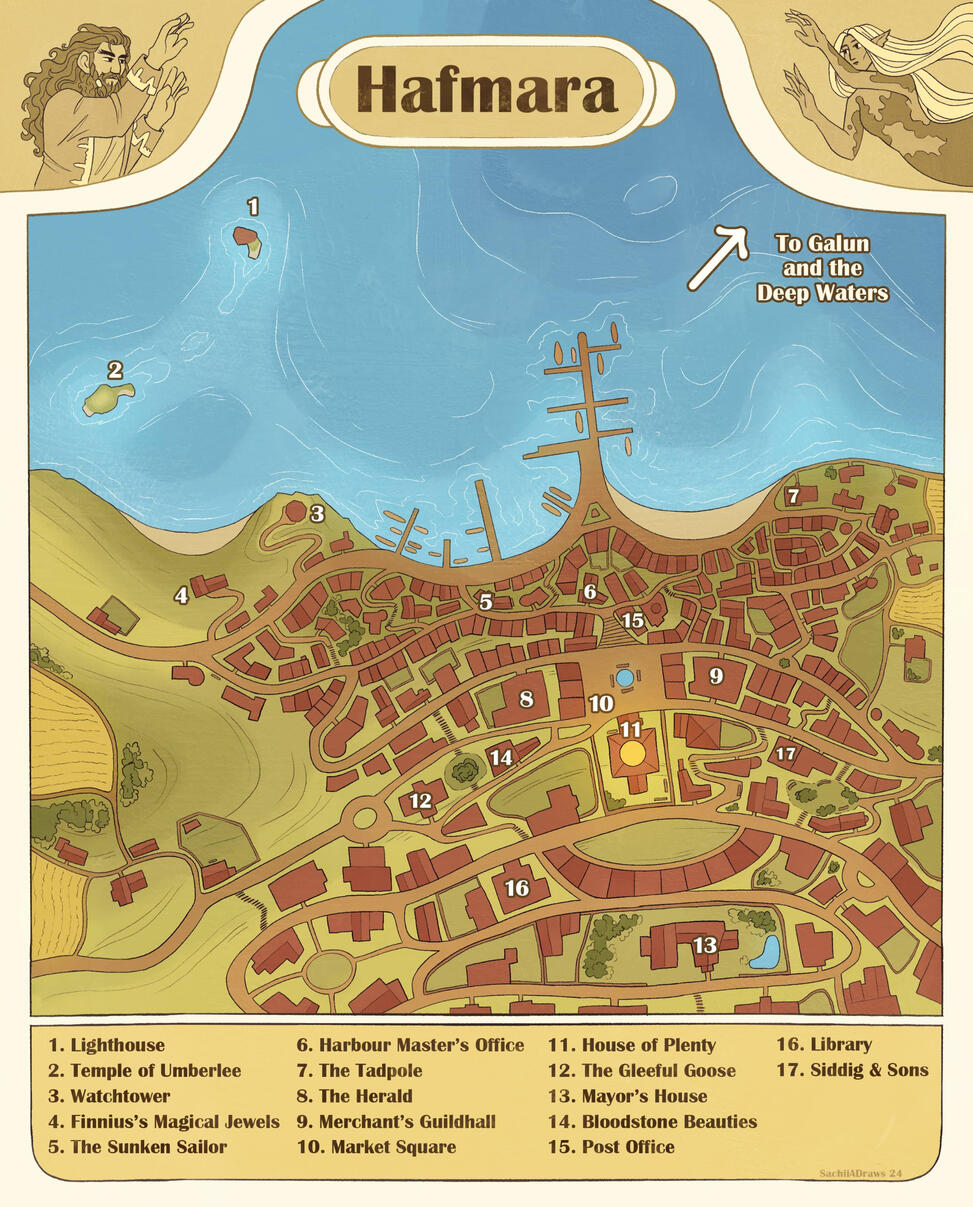 A coloured DnD region map of Hafmara, coastal town. At the top we see the mayor in the left and the Mother of Mermaids on the right. The map has 17 points of interest, listed at the bottom. Including a lighthouse, two temples and various shops.