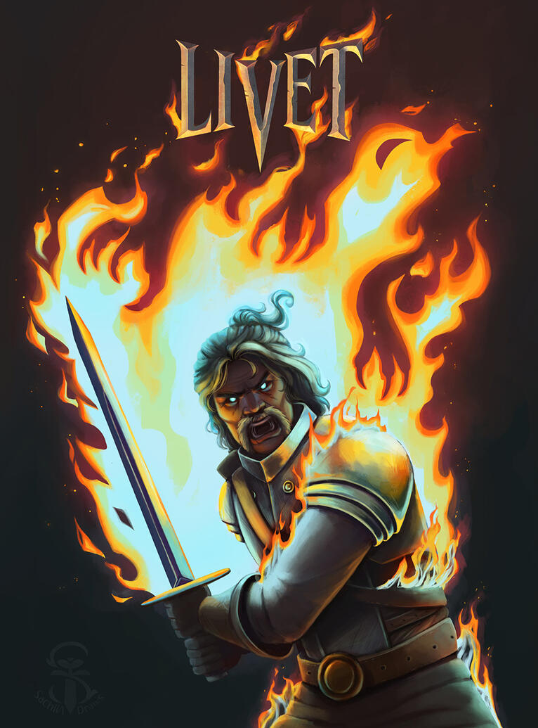 An old warrior swinging his sword towards the camera, he looks angry and his eyes are glowing blue. The fire is all around and on him, with blue and orange flames. Drawn for the comic Livet.