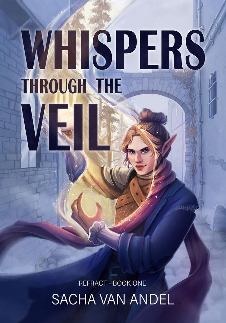 Illustrated bookcover for Whispers Through the Veil. It shows a girl casting dimension magic. She is in a big tattered blue coat and has a red scarf. Her hair is in a bun and she is standing in an old dingy alleyway. In her magic portal you can see she is