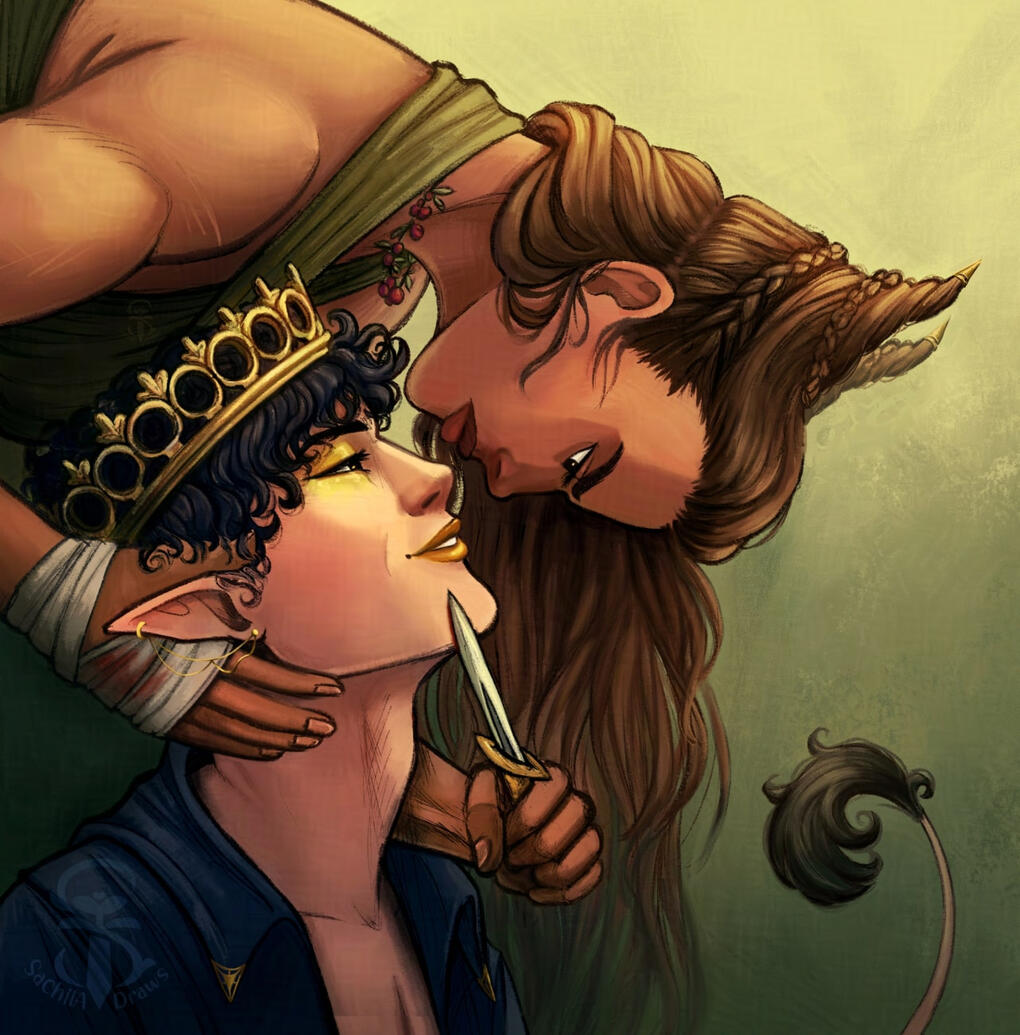 Illustration of Jude and Cardan from the Cruel Prince books by Holly Black. Jude is hovering over Cardan, looking angry and holding a knife to his chin. Cardan is wearing his crown and grinning up at her