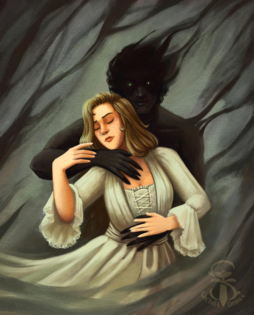 Illustration of The Invisible Life of Addie LaRue of Addie behind embraced by Luc from behind