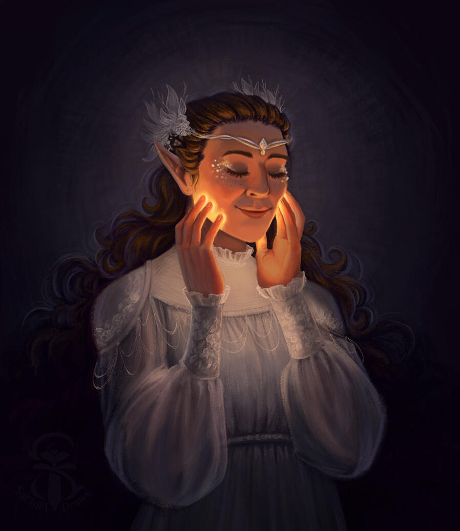 An illustration of an elf, wearing a delicate white lace shirt and a delicate tiara. She is touching her fingertips to her cheeks where it glows, smiling softly with her eyes closed.