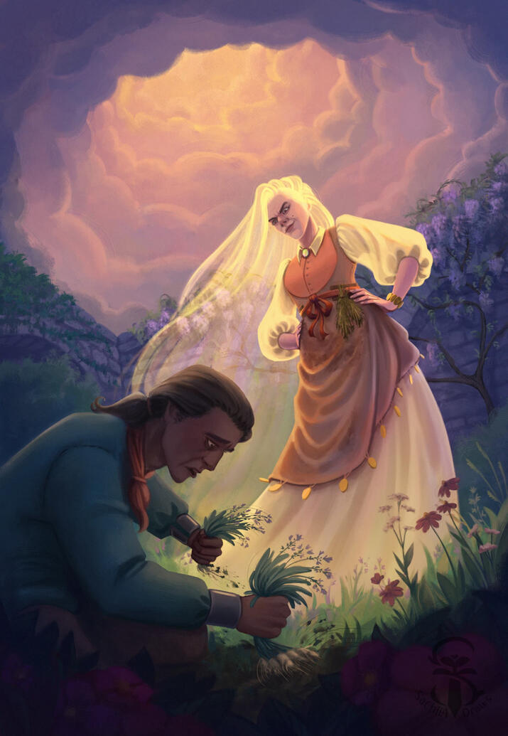Coloured and rendered illustration of the witch in Rapunzel, as she catches the father of Rapunzel stealing from her garden. She makes a deal with him, he can take her vegetables if she can have his daughter. In the picture, the father crouches down to pic