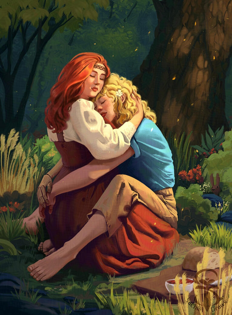Two girls, one blond and one plus-size ginger, sitting down and hugging intimately in a lush forest, surrounded by flowers and foliage.