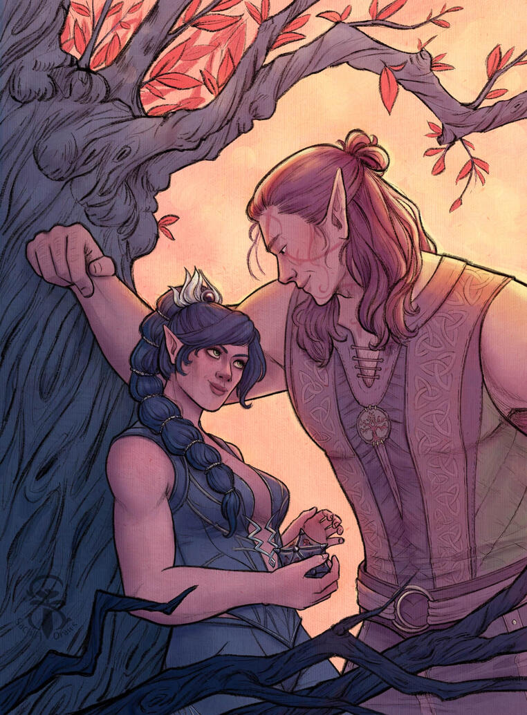 Illustration of Shadowheart and Halsin in a kabedon pose where she leans against the tree and he has his arm above her, also leaning against the tree. It is a romantic setting and there is soft orange light coming in behind Halsin.