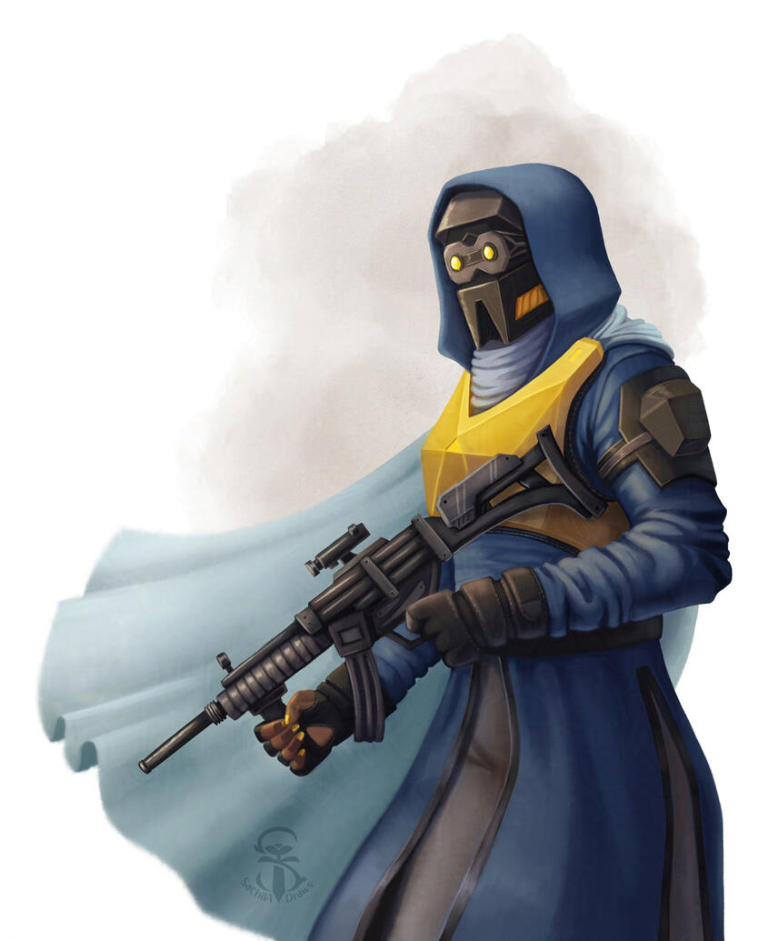 Fully rendered illustration of a sci-fi soldier wearing a full face mask and a blue hood. They have a bright yellow facetted breastplate and hold a gun. Their blue cape is billowing inthe wind behind them and you can see their bright yellow nailpolish.