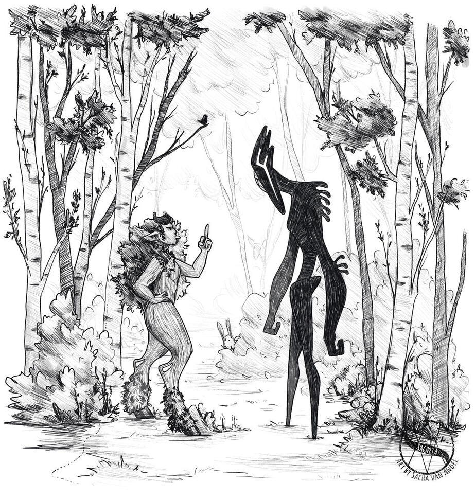 Black and white illustration of a forest creature in the forest, sticking her middle finger up to a big black monster.