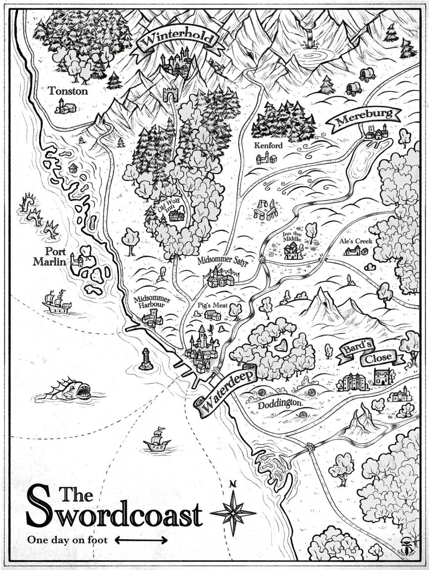 Black and white DnD map of the Swordcoast. It is slightly altered to fit a specific homebrew campaign. Has many towns on it, other points of interest, and a few ships and sea monsters.