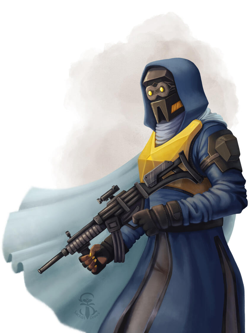 Fully rendered illustration of a sci-fi soldier wearing a full face mask and a blue hood. They have a bright yellow facetted breastplate and hold a gun. Their blue cape is billowing inthe wind behind them and you can see their bright yellow nailpolish.