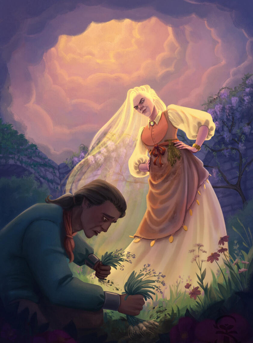Coloured and rendered illustration of the witch in Rapunzel, as she catches the father of Rapunzel stealing from her garden. She