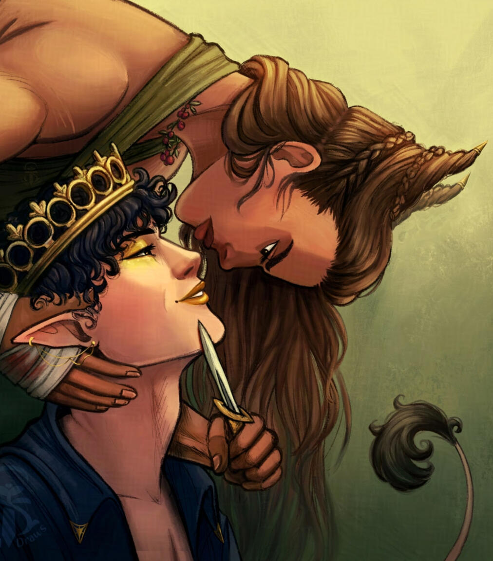 Illustration of Jude and Cardan from the Cruel Prince books by Holly Black. Jude is hovering over Cardan, looking angry and holding a knife to his chin. Cardan is wearing his crown and grinning up at her