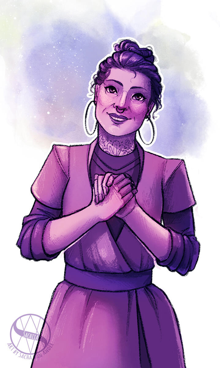 Monochrome purple drawing of a woman clutching her hands together, smiling widely with big hoop earrings