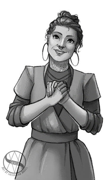 Black and white drawing of a woman clutching her hands together, smiling widely with big hoop earrings